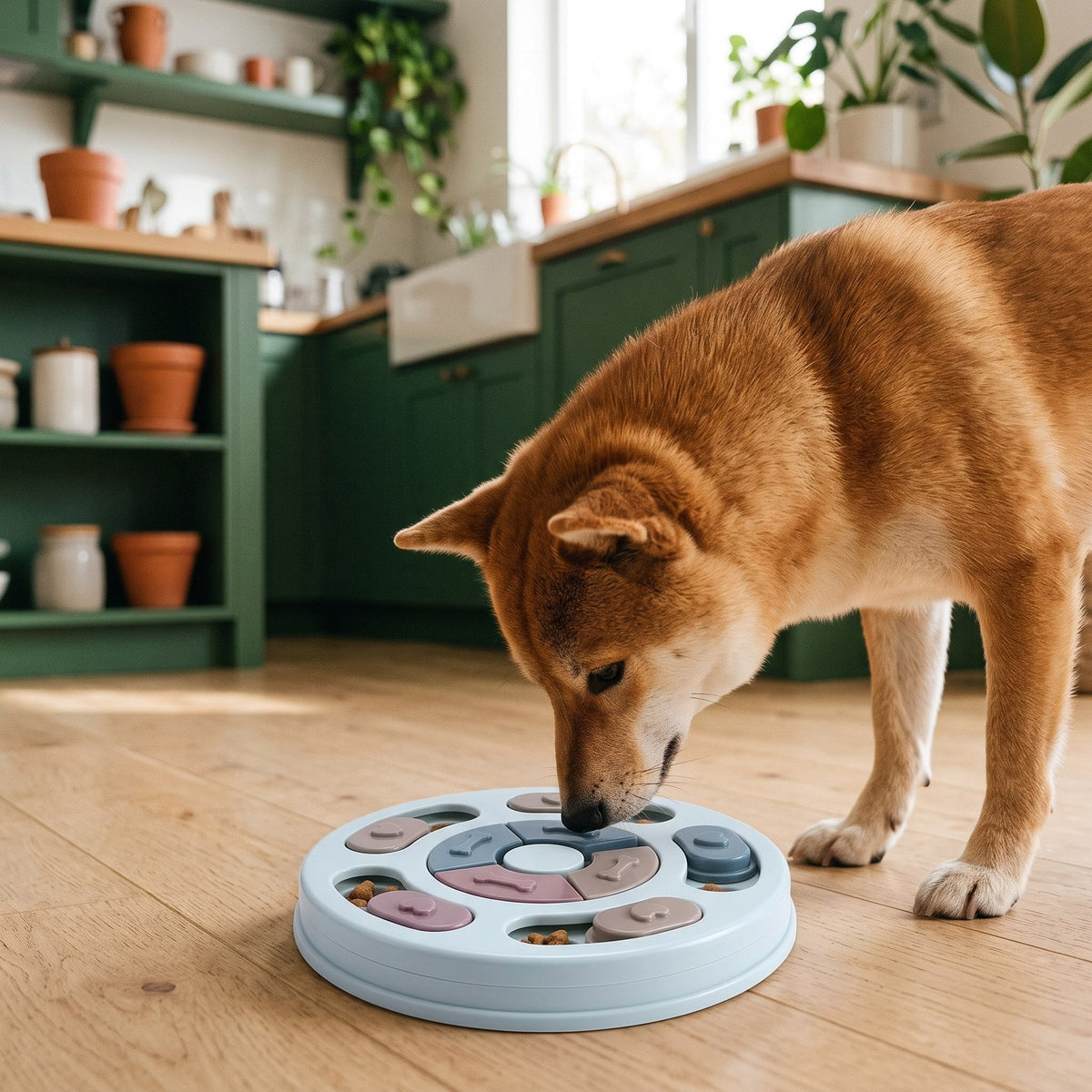 Hund spielt in der Küche mit dem IQ-Futterpuzzle