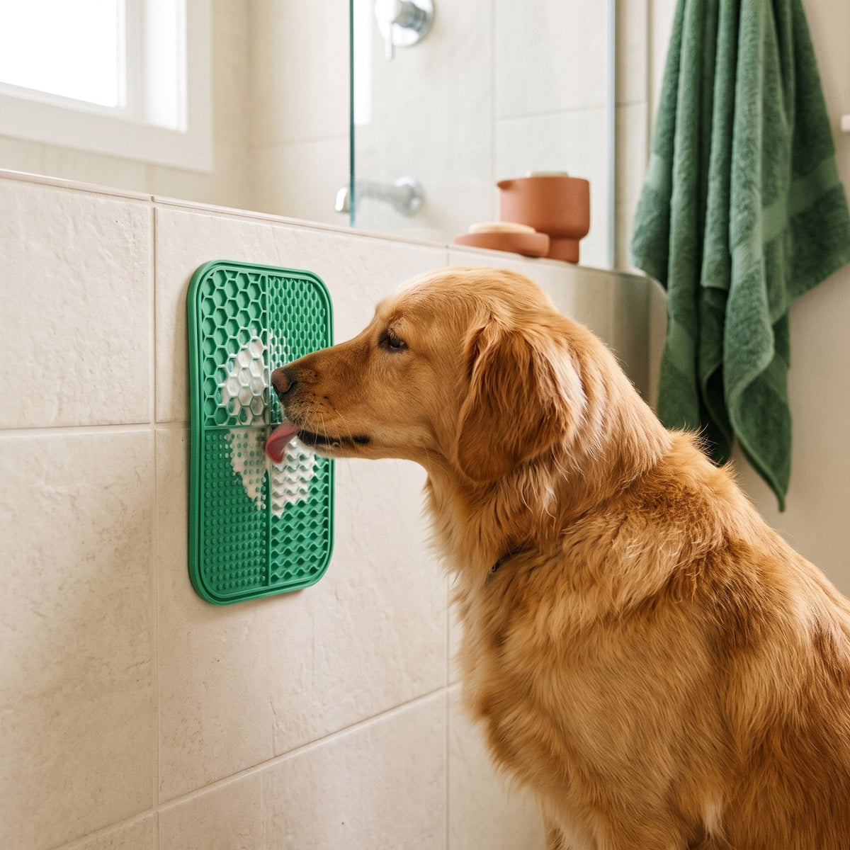 Schleckmatte beim Baden des Hundes