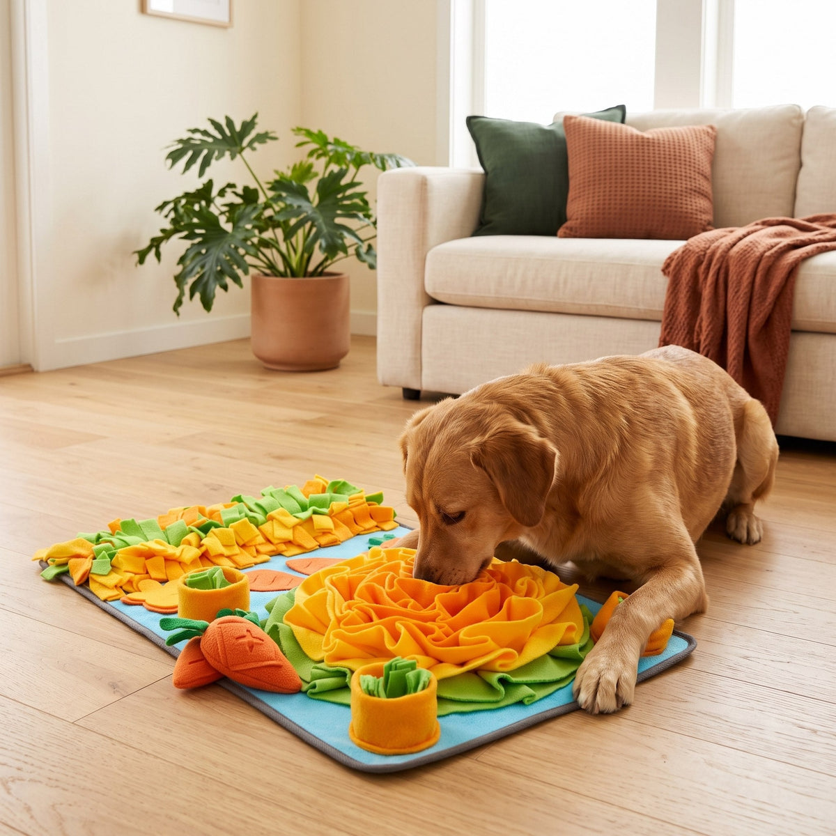 Hund schnüffelt im Wohnzimmer am Schnüffelteppich